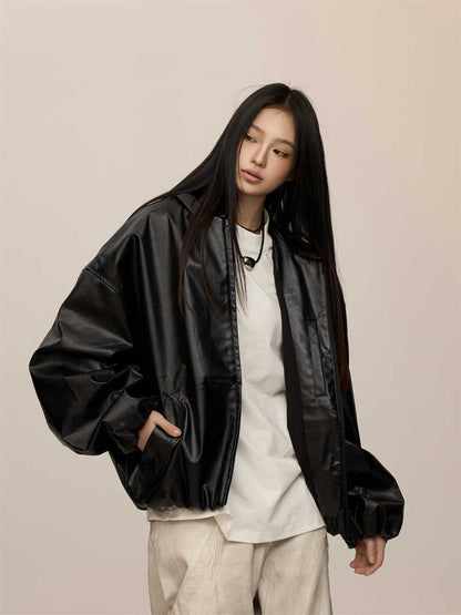 Women's Black Hooded Leather Coat