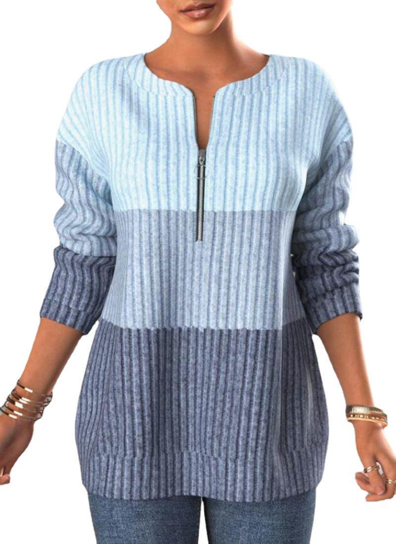 Zipper Contrast Panel Standing Neck Long Sleeve - Cruish Home