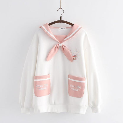 Japanese College Style Milk Tea Rabbit Sailor Collar Bow Brushed Hoody - Cruish Home