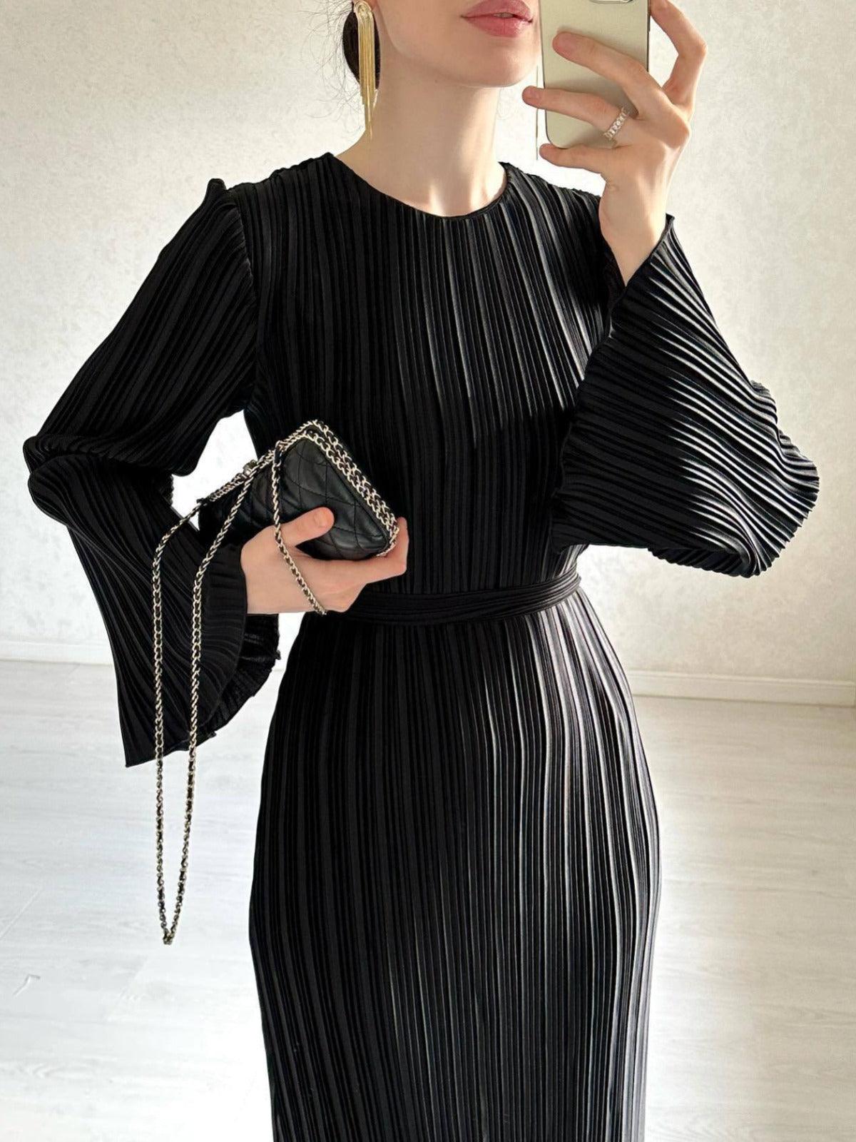 Elegant Pleated Bell Sleeve Mid-length Dress Women's Clothing - Cruish Home