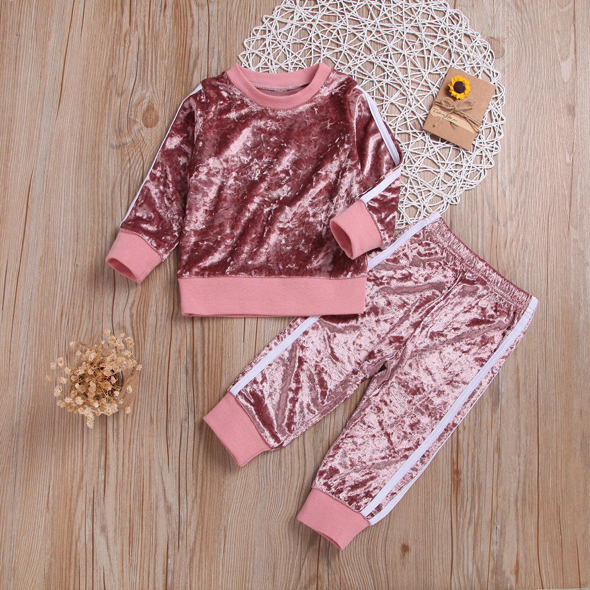 Breathable Clothes Set Cute Fashion O-Neck Long Sleeve Gold Velvet Sweatshirt Trousers Soft Outfits Baby Girls Tracksuit Sets - Cruish Home