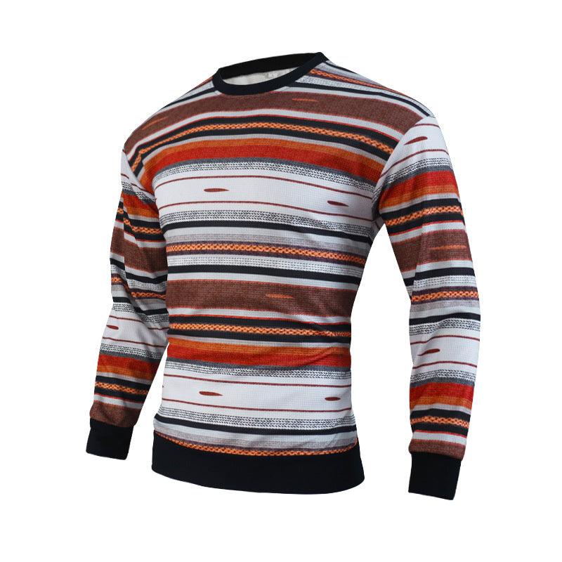 Men's Loose Round Neck Waffle Color Stripe Versatile Casual Bottomed Sweater - Cruish Home