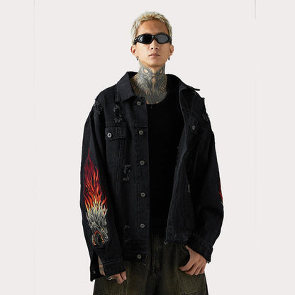 Faucet Zodiac Needle Embroidery Denim Jacket Men's High Street National Fashion Design Sense Ripped Jacket - Cruish Home