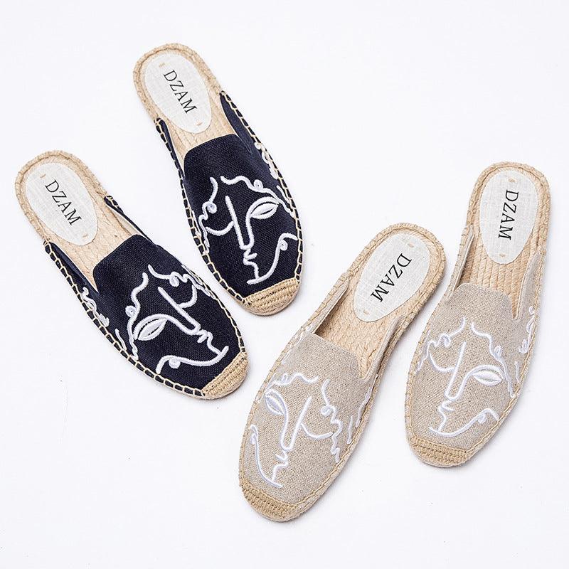 Straw flat embroidered sandals and slippers - Cruish Home