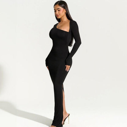 Women's Long Sleeve Diagonal Collar Slim Back Slit Dress - Cruish Home