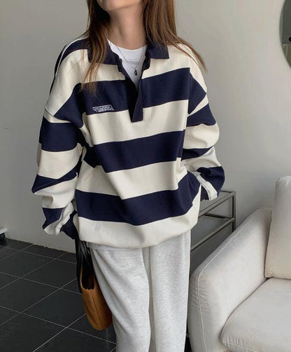 American Retro Polo Collar Striped Sweater Women's Thin - Cruish Home