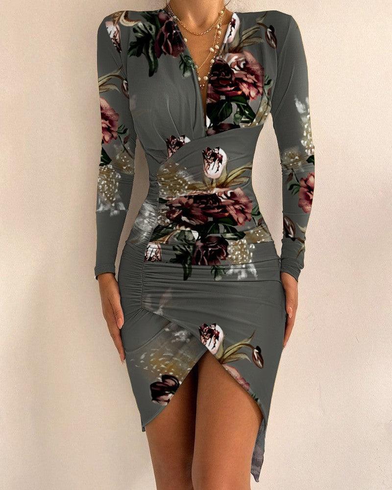 Autumn And Winter Long Sleeve V-neck Printed Tight Split Dress Women's Clothing - Cruish Home