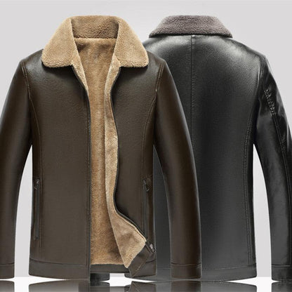 Men's Fashion Casual Polo Collar Fleece-lined Thickened Leather Jacket Coat - Cruish Home