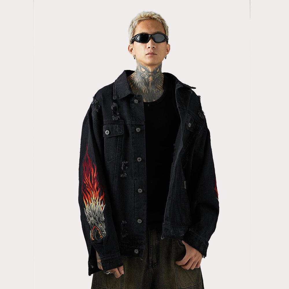 Faucet Zodiac Needle Embroidery Denim Jacket Men's High Street National Fashion Design Sense Ripped Jacket - Cruish Home