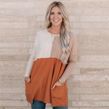 Women's Orange Pocket Color Matching Long-sleeved Top - Cruish Home