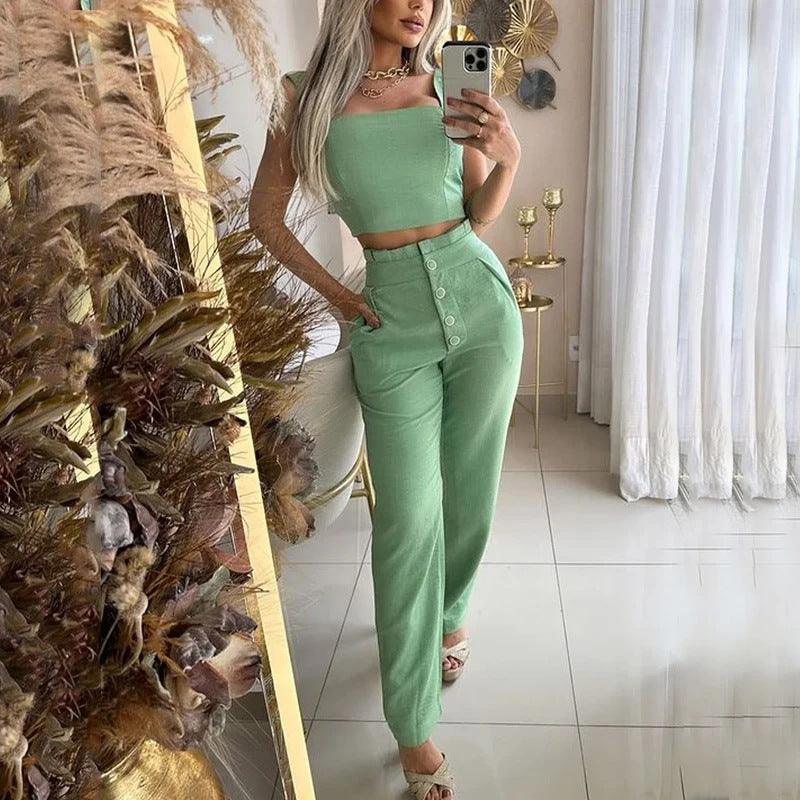 Solid Color Short Crop-top Spaghetti-strap Top High Waist Trousers Two-piece Set - Cruish Home