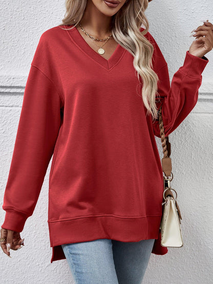 Solid Color And V-neck Split Front Short Back Long Sweater - Cruish Home