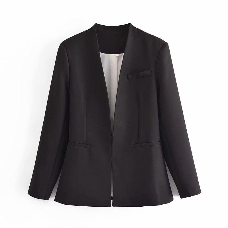 New Women's Suit Jacket Without Lapel Solid Color Long-sleeved Collar Pants - Cruish Home