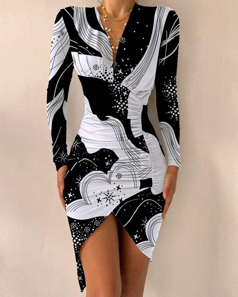 Autumn And Winter Long Sleeve V-neck Printed Tight Split Dress Women's Clothing - Cruish Home