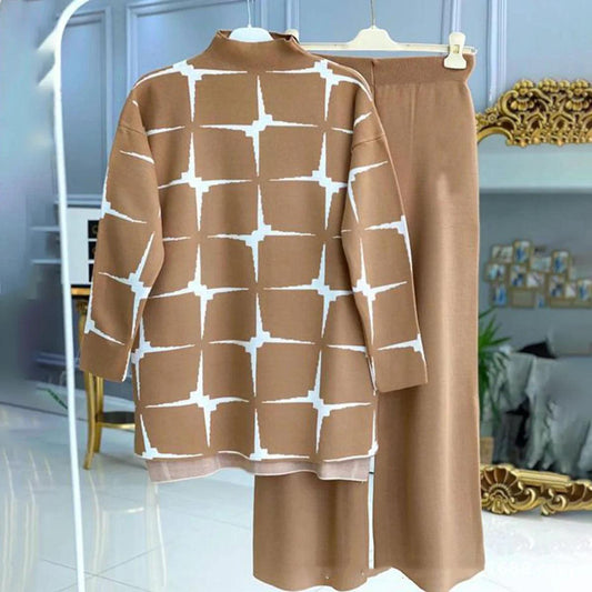 Women's Printed Crew Neck Coat Shipping Two-piece Set - Cruish Home