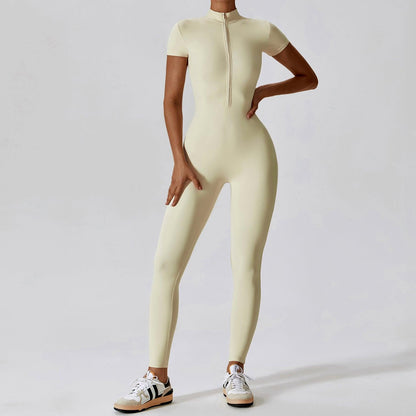 Zipper Short Sleeve Nude Feel Yoga Jumpsuit - Cruish Home