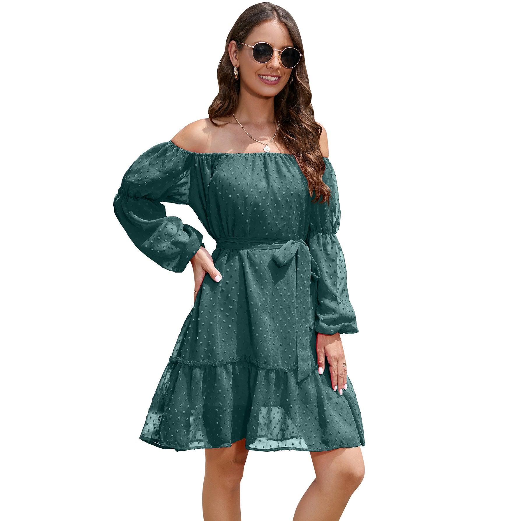 Fashion One-shoulder Long Sleeve Dress For Women Tie Waist Off-shoulder Bubble Dot Ruffle Design Chiffon Dress - Cruish Home