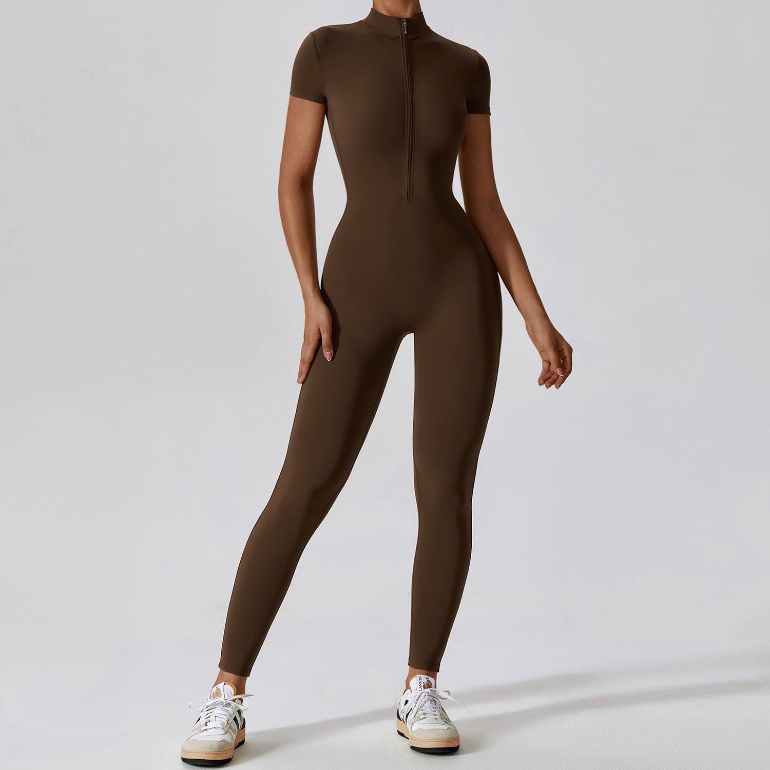 Zipper Short Sleeve Nude Feel Yoga Jumpsuit - Cruish Home