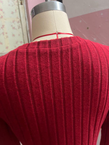 Women's V-neck Long-sleeved Knitted Sunken Stripe Loose Dress - Cruish Home