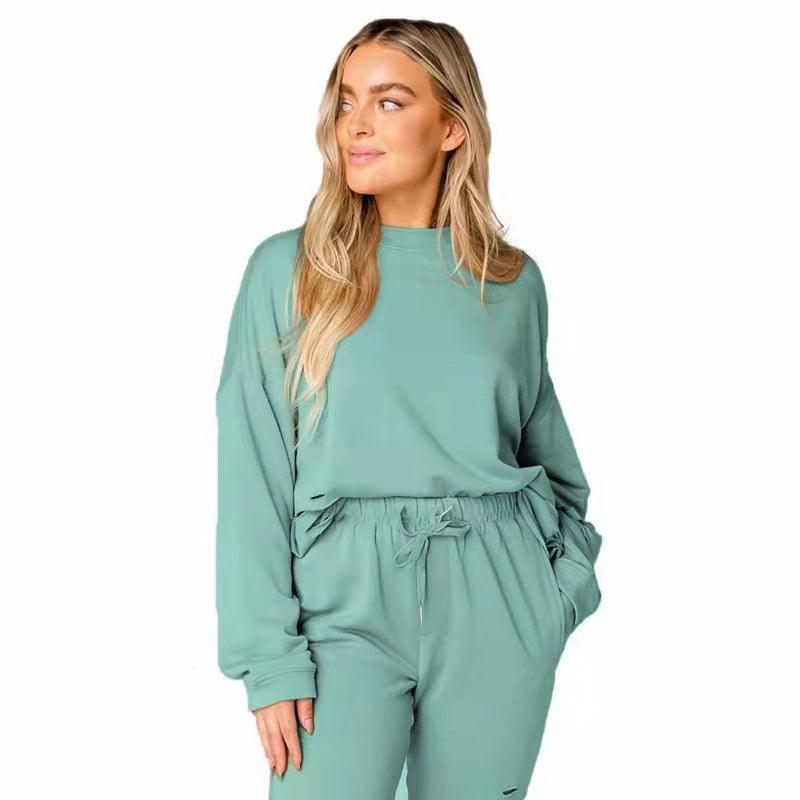 Women's Solid Color Ripped Round Neck Pullover Pants Casual Long Sleeve Sweatshirt Cotton Suit - Cruish Home