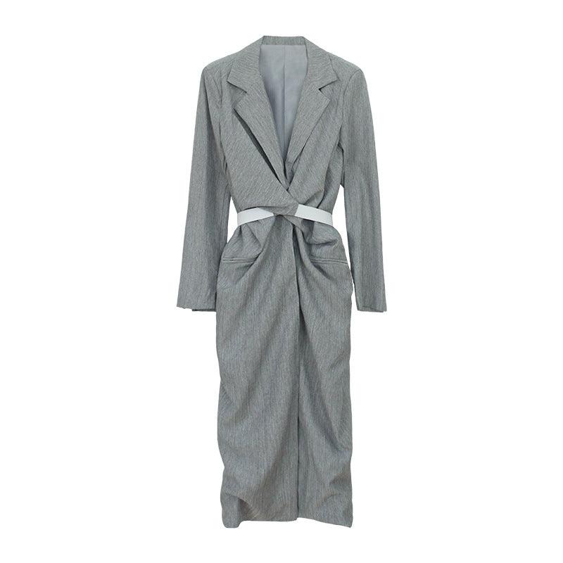 Korean Style Gray Temperament Design Sense V-neck Waist Mid-length Slim Dress - Cruish Home