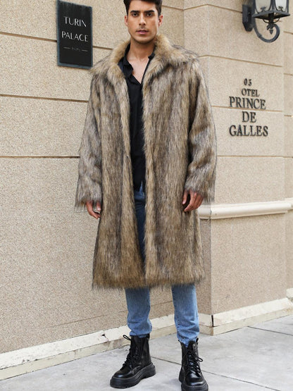 Yellow Lapel Imitation Fox Fur Men's Long Coat - Cruish Home