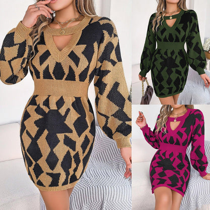 Color Matching Hollow Out Lantern Sleeve Fitted Waist Sweater Dress - Cruish Home