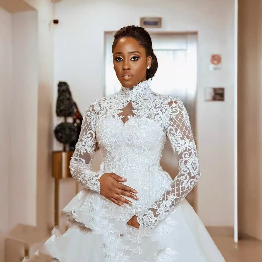 Bridal Lace Long Sleeve Stand Collar Wedding Dress