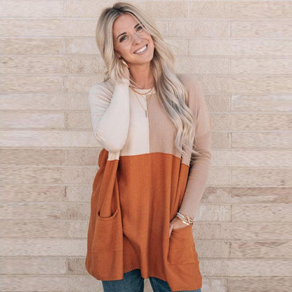 Women's Orange Pocket Color Matching Long-sleeved Top - Cruish Home