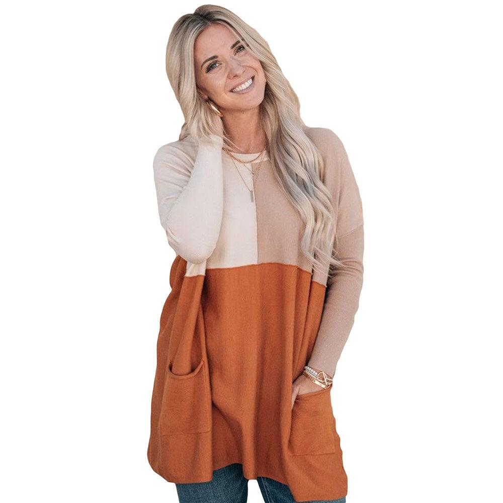 Women's Orange Pocket Color Matching Long-sleeved Top - Cruish Home