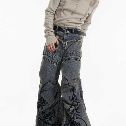 Retro Washed Distressed Zipper Embroidered Pleated Mopping Jeans