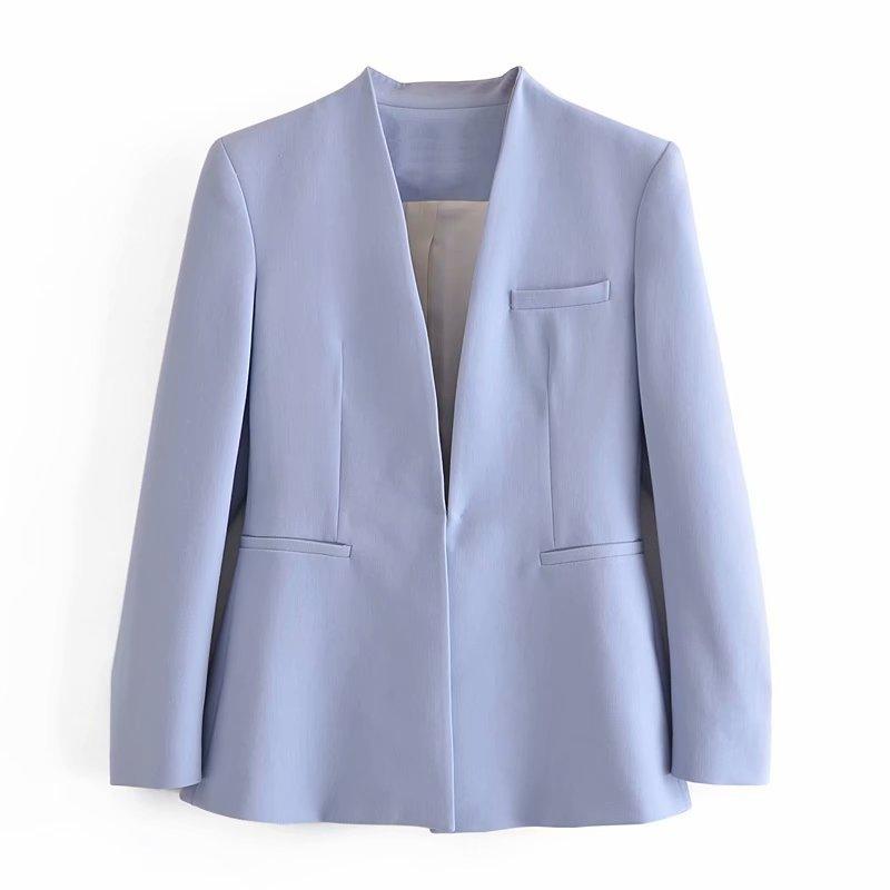 New Women's Suit Jacket Without Lapel Solid Color Long-sleeved Collar Pants - Cruish Home