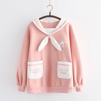 Japanese College Style Milk Tea Rabbit Sailor Collar Bow Brushed Hoody - Cruish Home