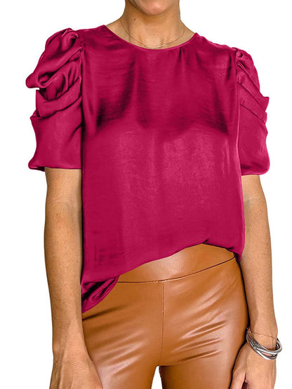 Solid Color Pleated Fluffy Satin Shirt - Cruish Home