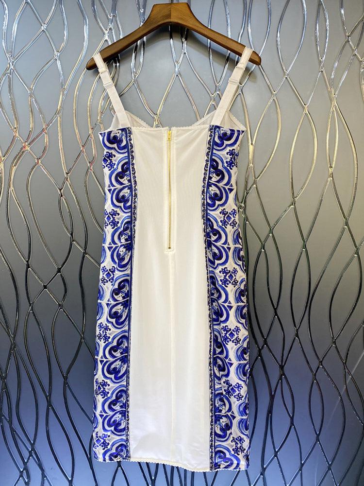 Vintage Blue And White Porcelain Print V-Neck Sleeveless Body Dress - Cruish Home