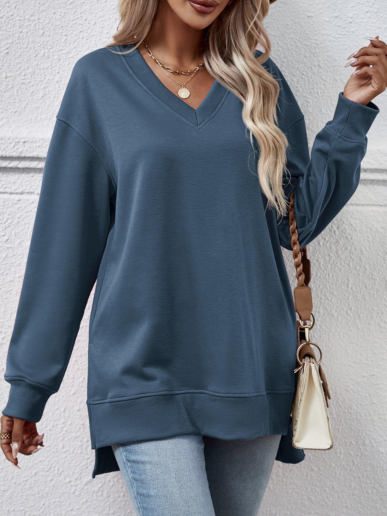 Solid Color And V-neck Split Front Short Back Long Sweater - Cruish Home