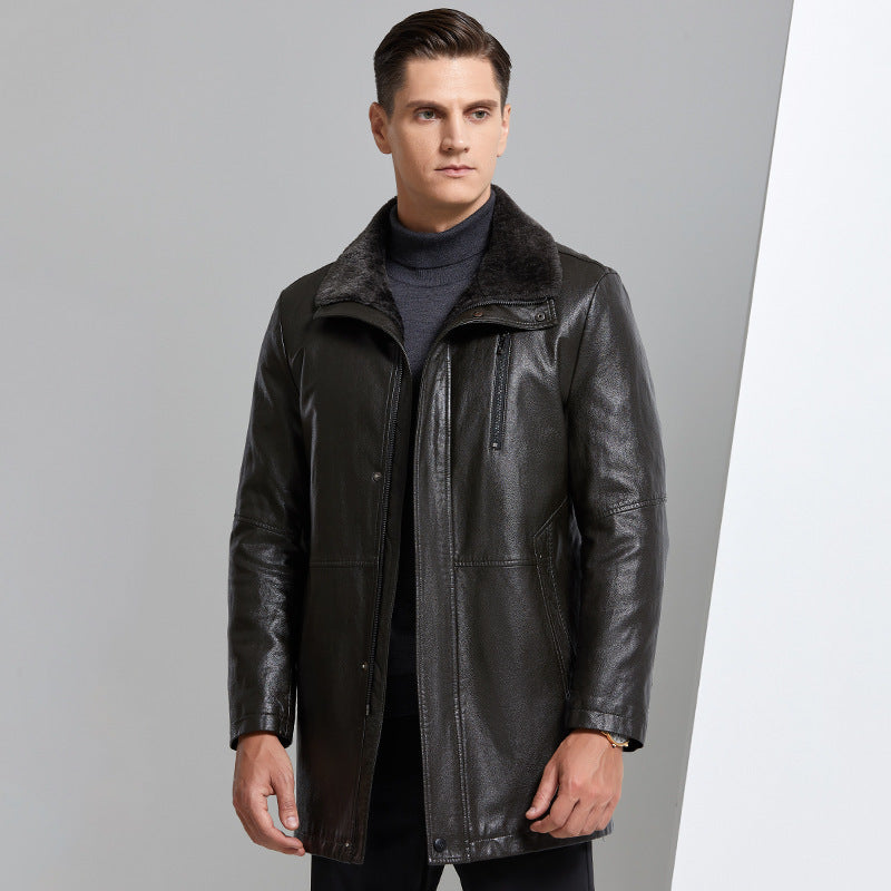 Real Leather With Fleece Lining Thickened Middle-aged Men's Leather Jacket