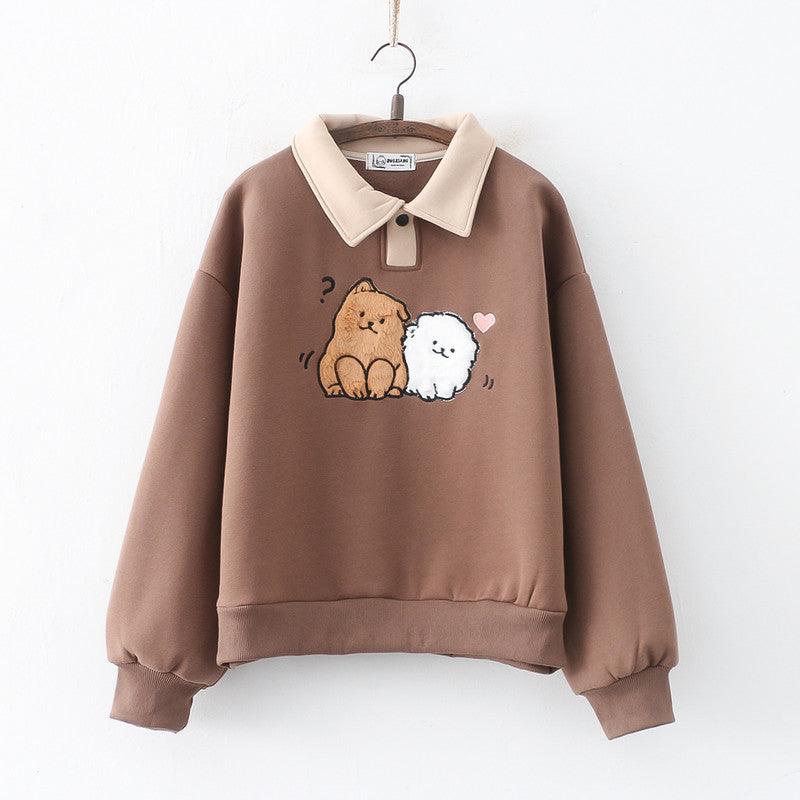 Japanese College Style Cartoon Wool Dog Fleece-lined Thickened Pullover Long Sleeve Sweater - Cruish Home