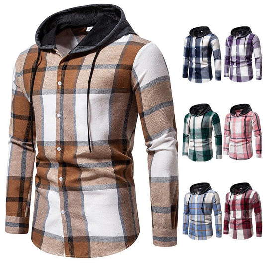 Casual Hooded Men's Plaid Long Sleeve Shirt - Cruish Home