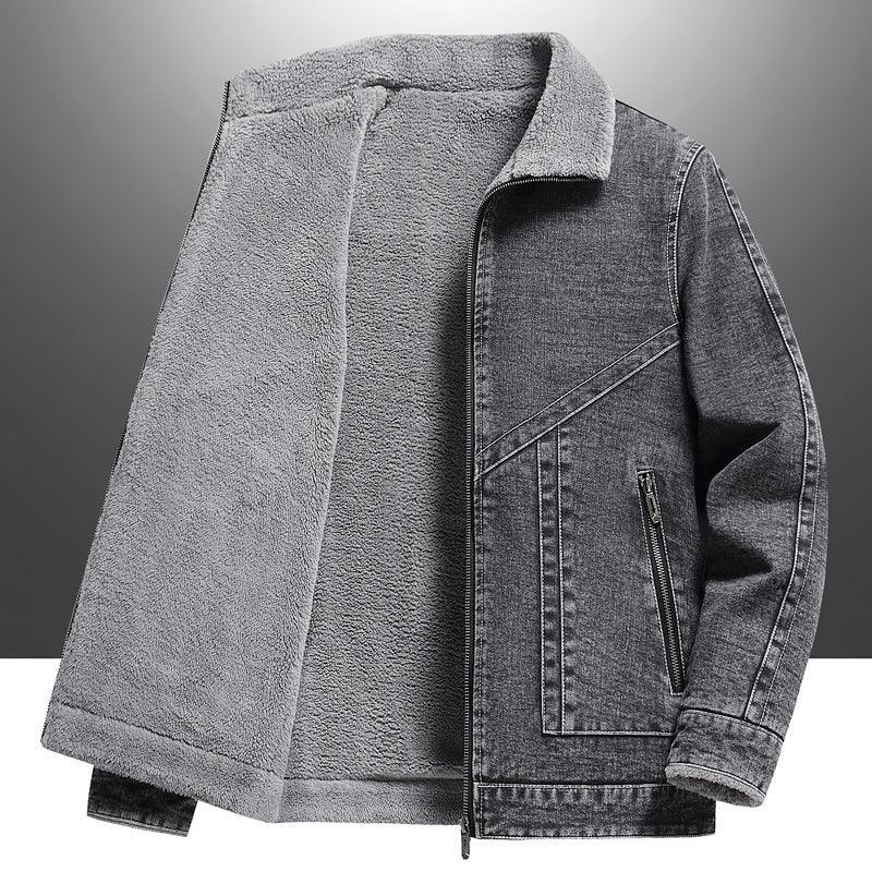 Denim Men's Fleece-lined Thickened Korean Style Lapel Youth Casual Jacket - Cruish Home