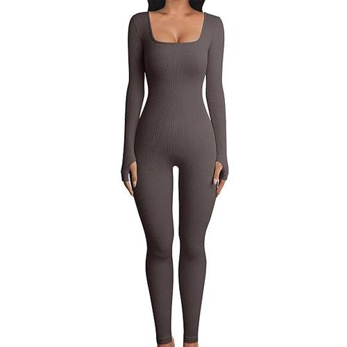 Women's Yoga Sports Fitness Jumpsuit Workout Long Sleeve Square Collar Clothing - Cruish Home