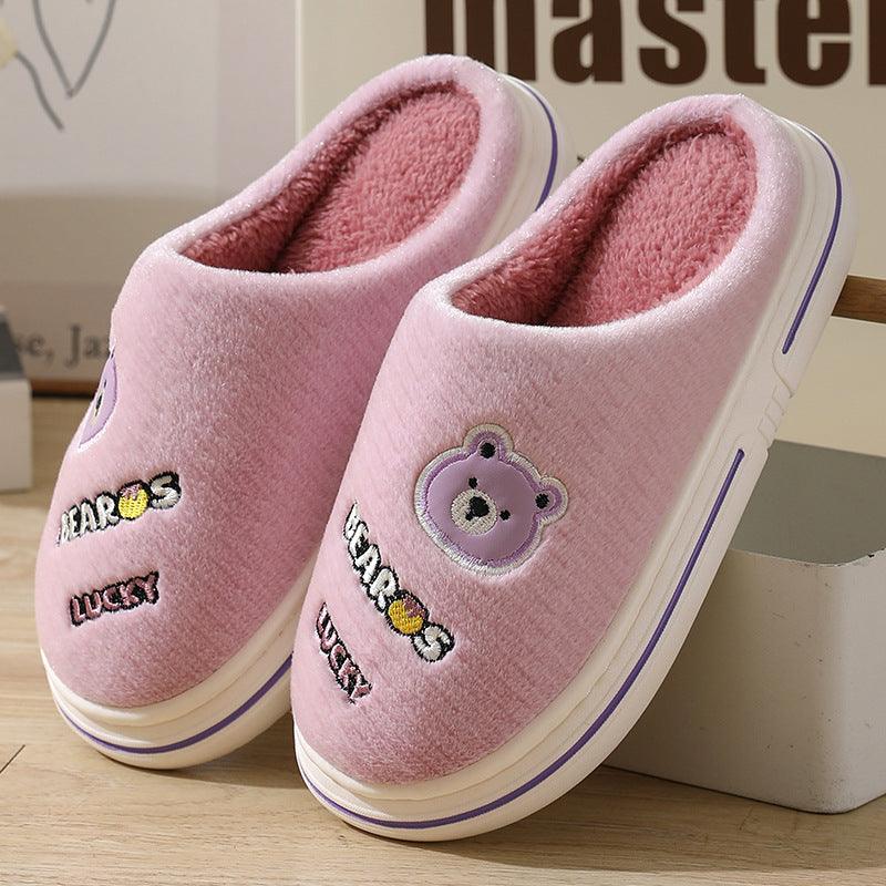 Cartoon Bear Plush Slippers For Women Autumn And Winter Warm Home Shoes Couple Thick-sole Non-slip Fashion Furry Slipper Men - Cruish Home