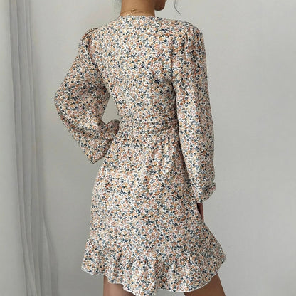 Printed V-neck Long-sleeve Dress Women