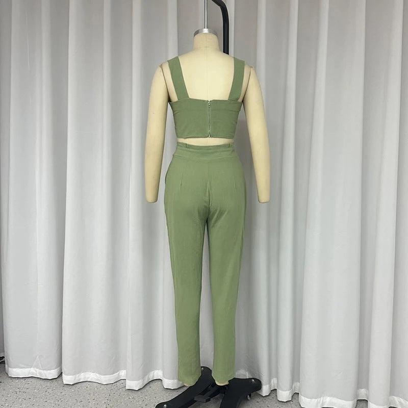 Solid Color Short Crop-top Spaghetti-strap Top High Waist Trousers Two-piece Set - Cruish Home