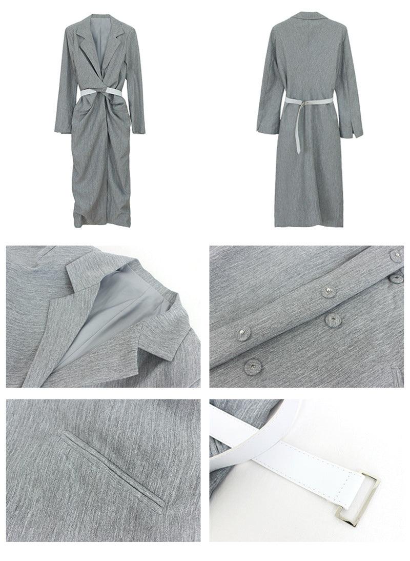 Korean Style Gray Temperament Design Sense V-neck Waist Mid-length Slim Dress - Cruish Home