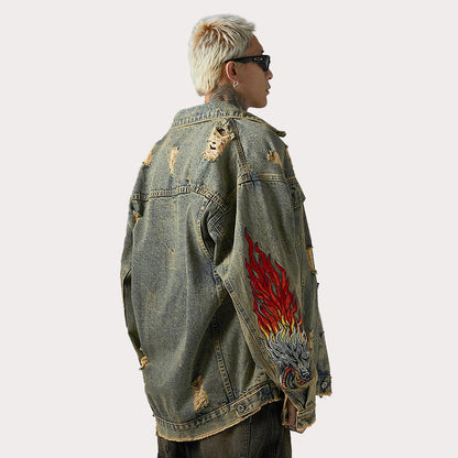 Faucet Zodiac Needle Embroidery Denim Jacket Men's High Street National Fashion Design Sense Ripped Jacket - Cruish Home