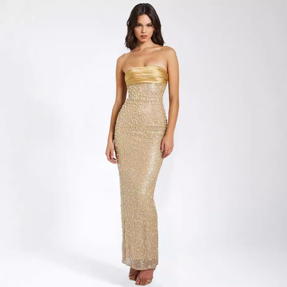 Elegant Sequins Beads Light Luxury Sleeveless Tube Top Dress