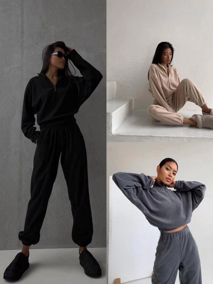 Fashion High Collar Leisure Fleece Sweater Suit - Cruish Home