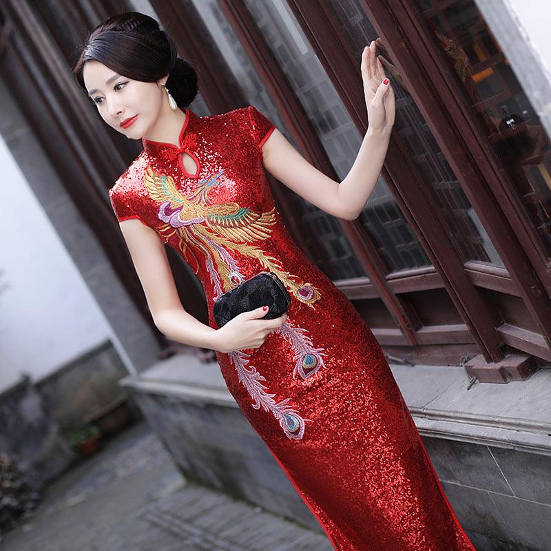 Improved Cheongsam Autumn Winter Red Wedding Mother's Clothing Long Short Sleeve Split Phoenix Ethnic Style Dress - Cruish Home