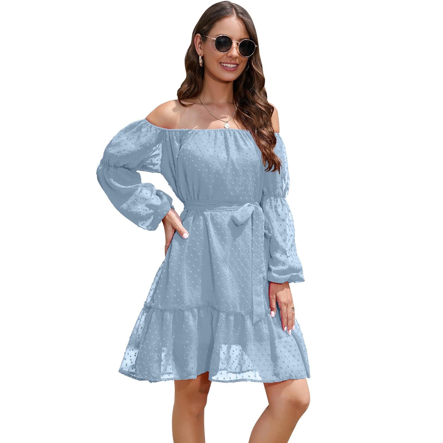 Fashion One-shoulder Long Sleeve Dress For Women Tie Waist Off-shoulder Bubble Dot Ruffle Design Chiffon Dress - Cruish Home